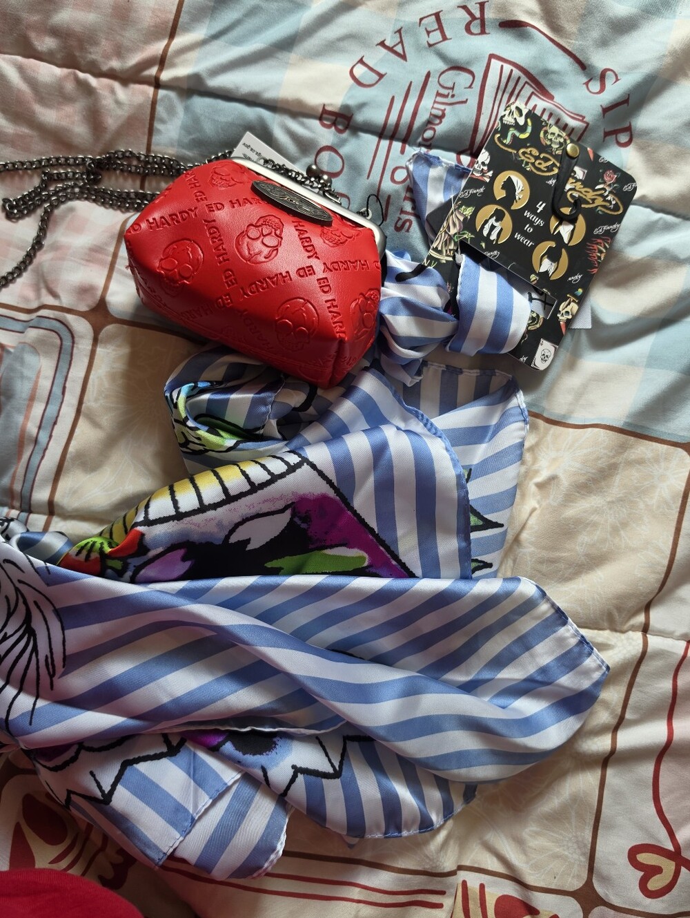 Ed Hardy Bright Red Embossed Skull Crossbody Bag with Chain Strap With Scarf